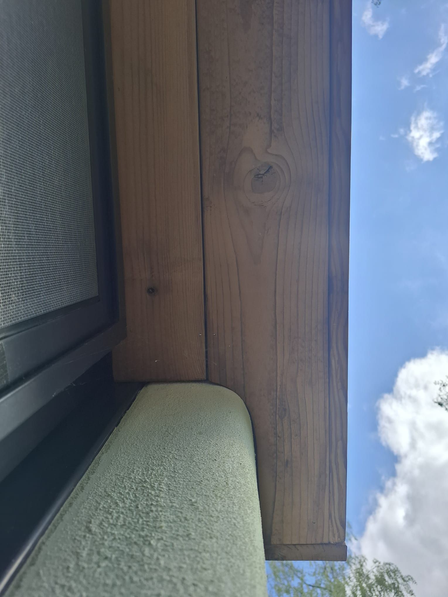 Houten dakoversteek boven gevel afgewerkt met kalkpleister