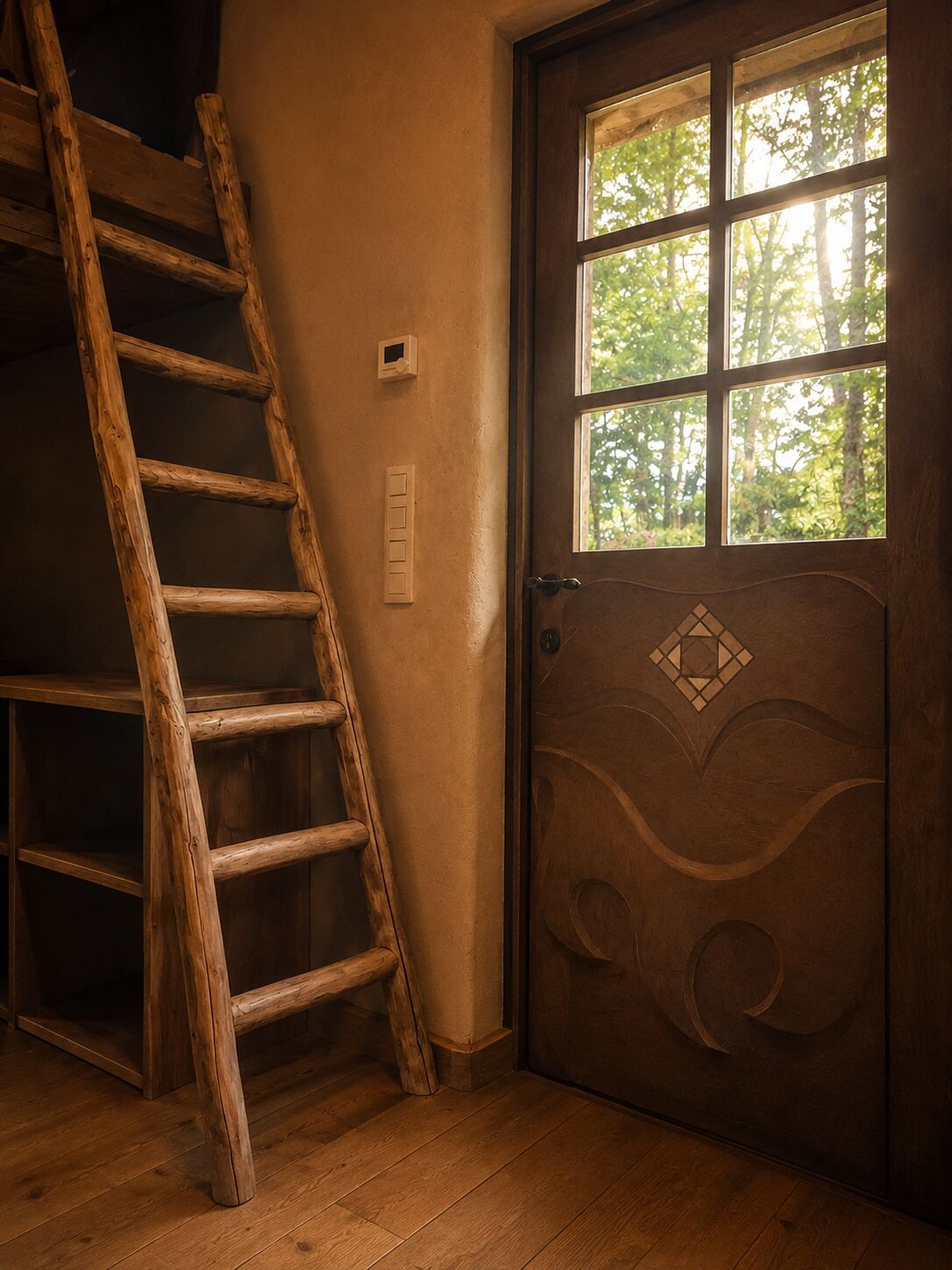 Maatwerk houten deur en ladder in het tiny house
