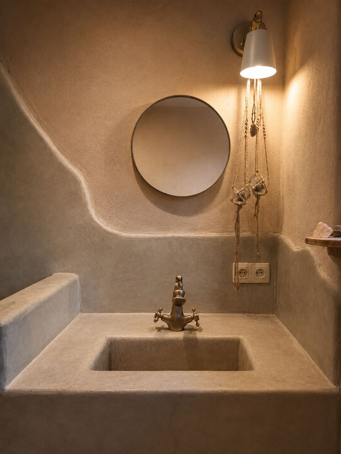 Badkamer met naadloze leembezetting en maatwerk lavabo