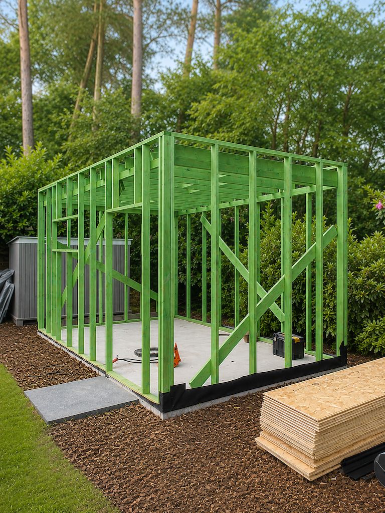 Houtskeletbouw in uitvoering met groene houten draagstructuur